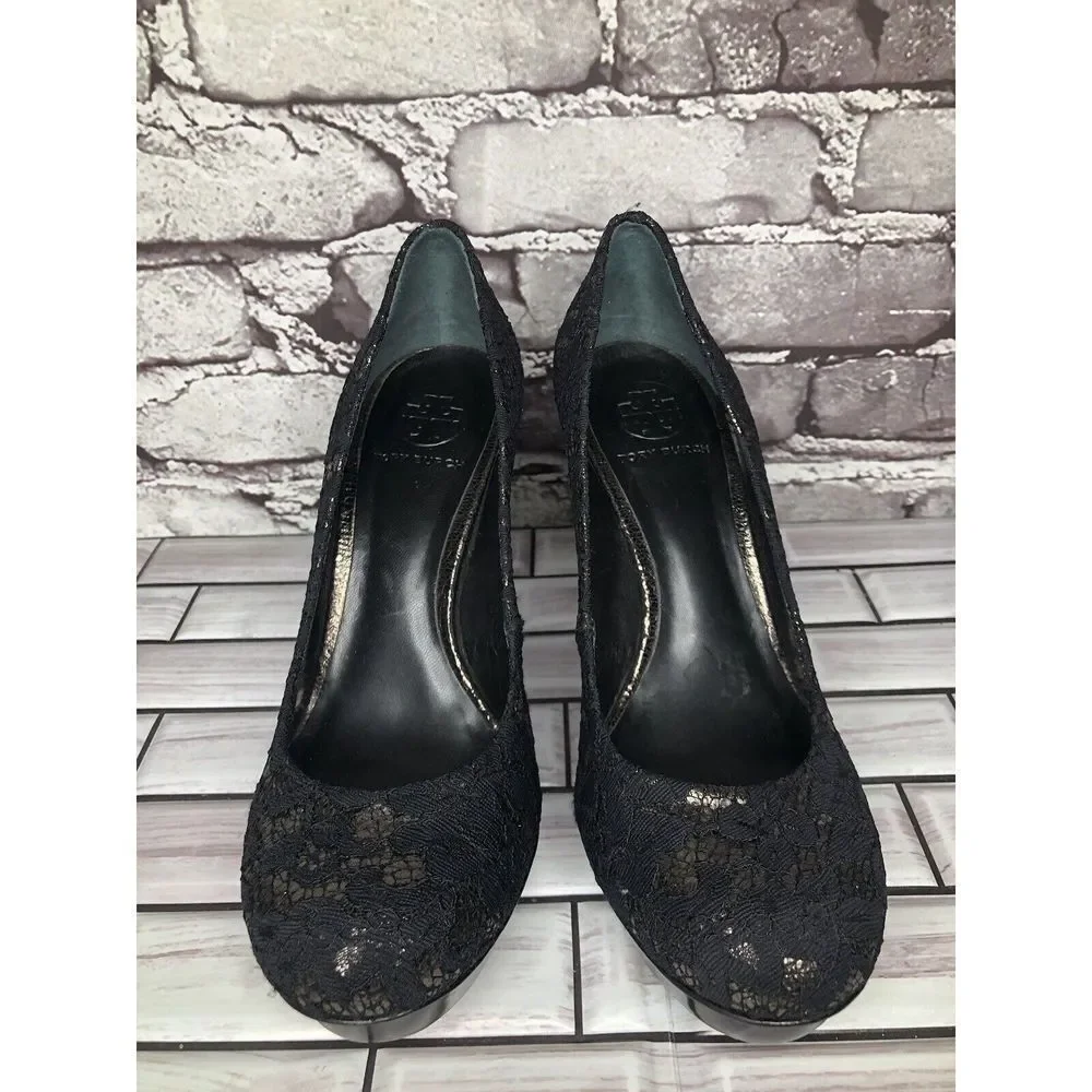 Tory Burch Black Leather Floral Fabric Platform Stiletto High Heels Women Sz 8M - Picture 3 of 16